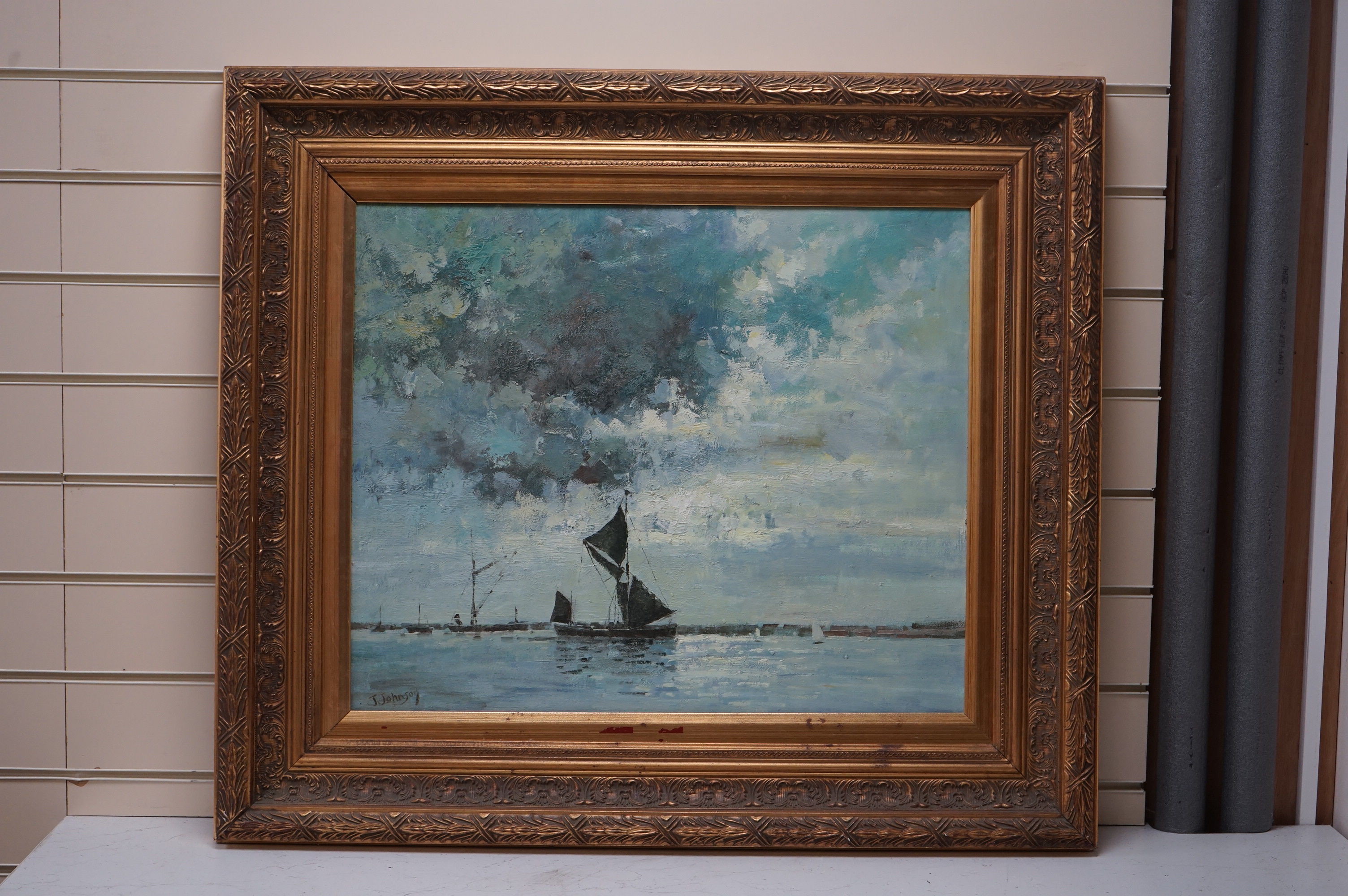 J Johnson, impressionist oil on canvas, Study of boats, signed, 49 x 60cm, ornate gilt frame. Condition - good